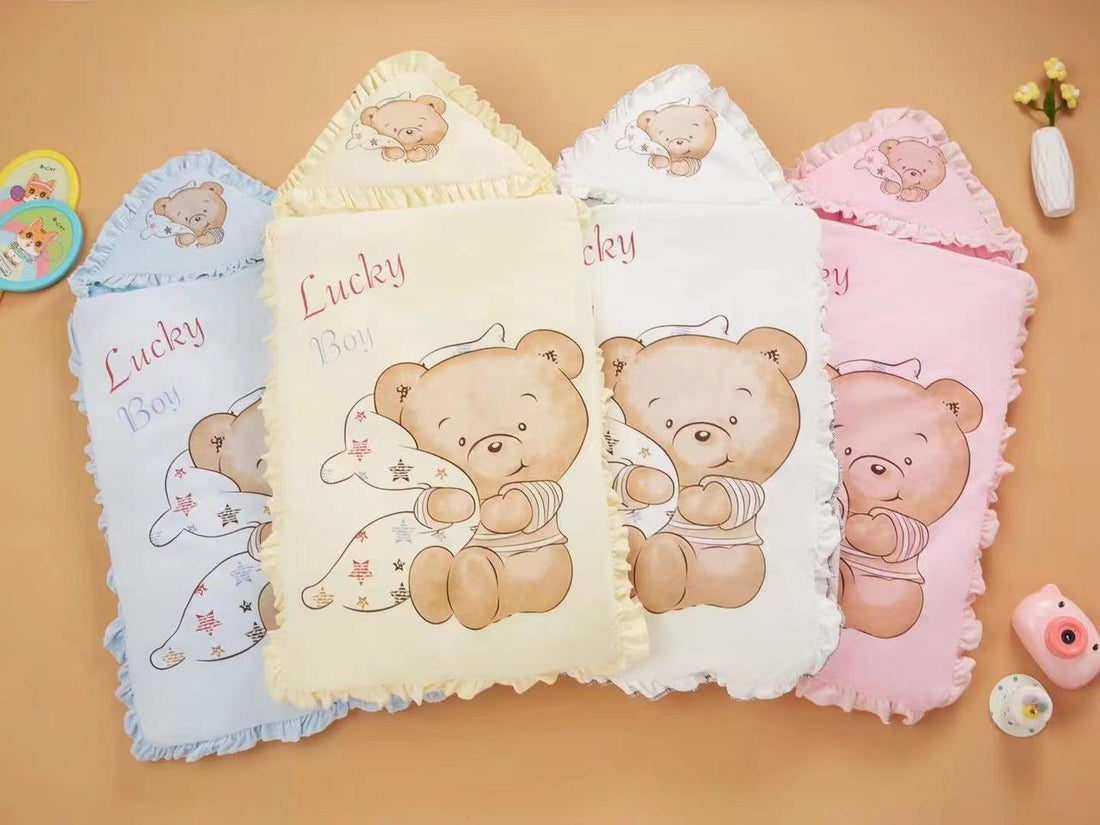 Lucky Boy Baby Sleeping Bag – Warm Hooded Swaddle with Teddy Bear Print