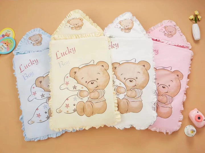 Lucky Boy Baby Sleeping Bag – Warm Hooded Swaddle with Teddy Bear Print