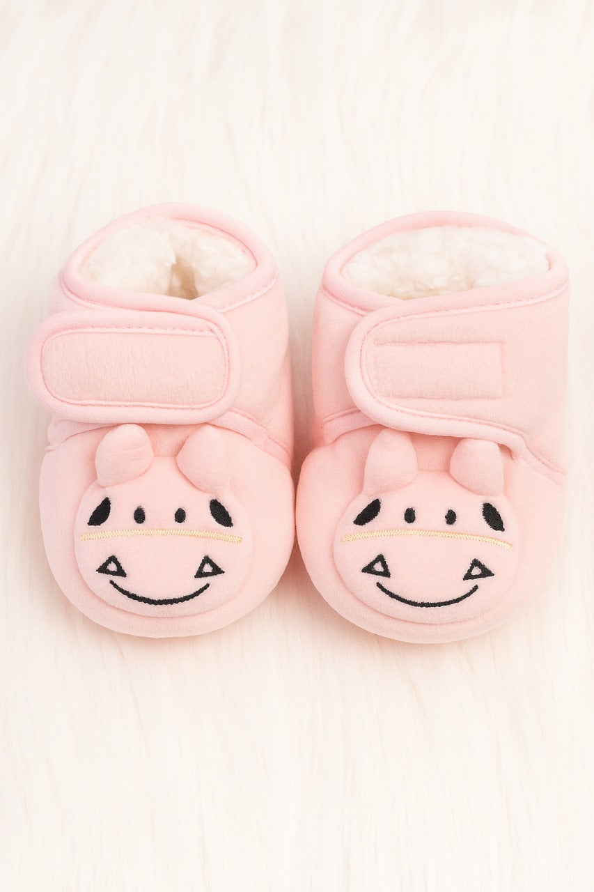 Adorable Pink Cow Baby Booties – Soft Plush Newborn Shoes for Girls