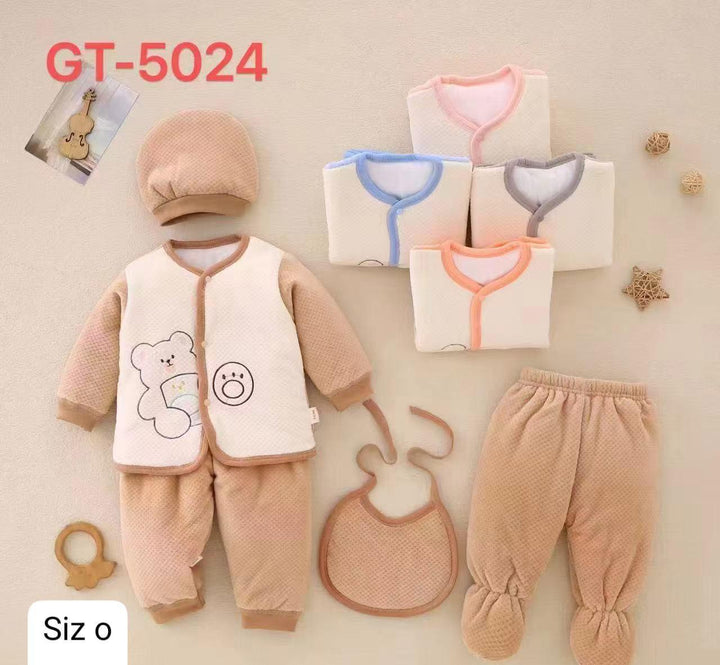 Newborn Baby 5-Piece Winter Outfit Set – Soft Quilted Pajamas, Bib, Hat & Pants with Bear Design