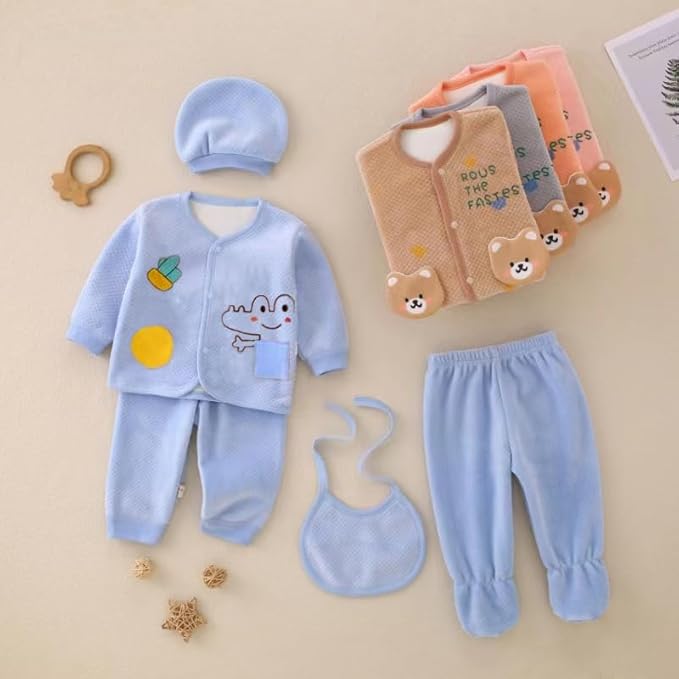Newborn Baby 5-Piece Winter Outfit Set – Soft Quilted Pajamas, Bib, Hat & Pants with Bear Design