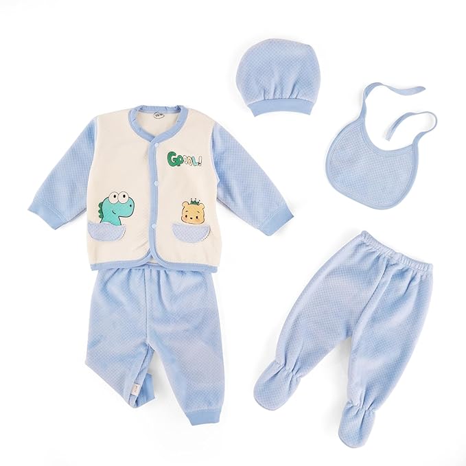 Newborn Baby 5-Piece Winter Outfit Set – Soft Quilted Pajamas, Bib, Hat & Pants with Bear Design