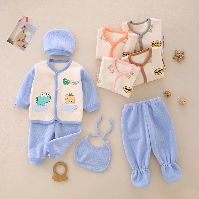 Newborn Baby 5-Piece Winter Outfit Set – Soft Quilted Pajamas, Bib, Hat & Pants with Bear Design