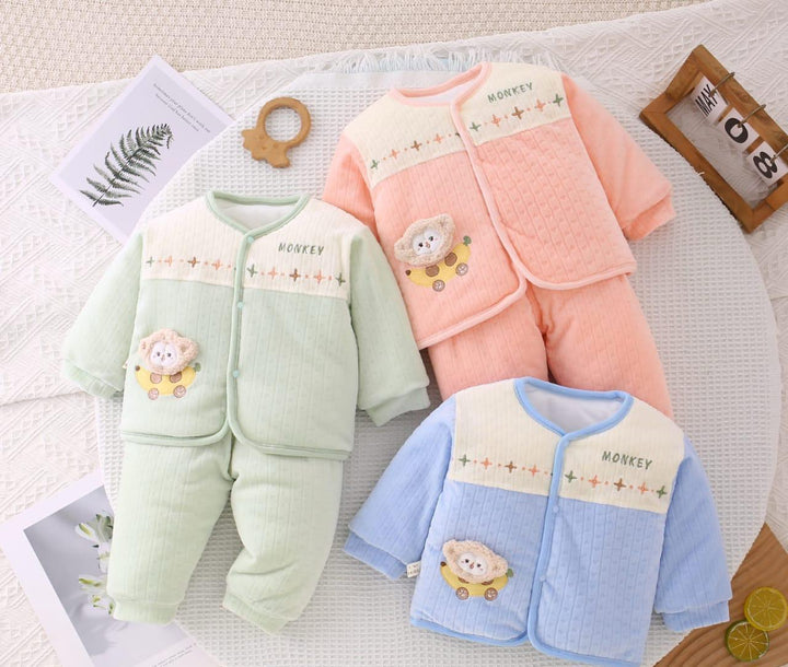 Baby Winter Suit Set – Soft Quilted Fleece Outfit with Cute Monkey Embroidery