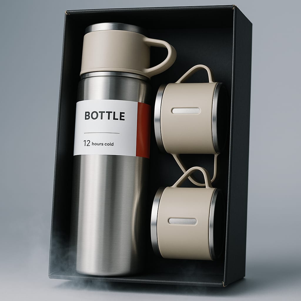 🌟 Premium Stainless Steel Vacuum Flask Set – 1 Bottle + 2 Cups