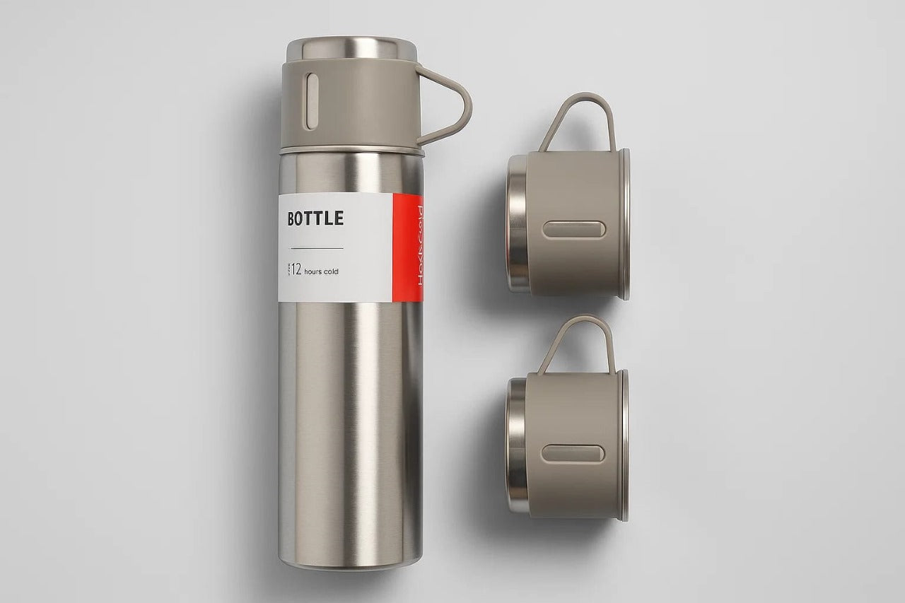 🌟 Premium Stainless Steel Vacuum Flask Set – 1 Bottle + 2 Cups
