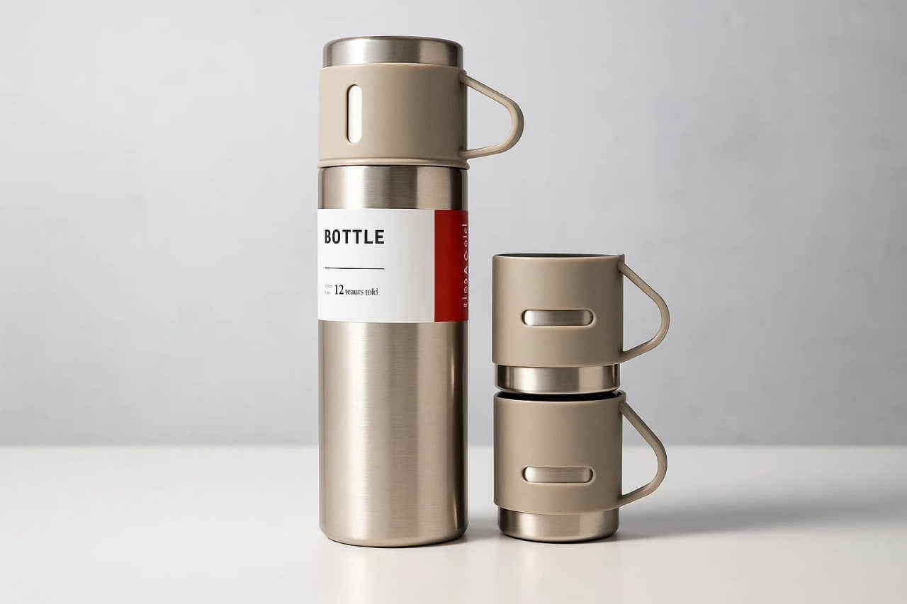 🌟 Premium Stainless Steel Vacuum Flask Set – 1 Bottle + 2 Cups