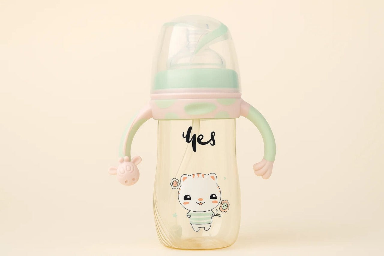 Baby Feeding Bottle with Handles & Cartoon Design – BPA-Free Anti-Colic Milk Bottle 300ml