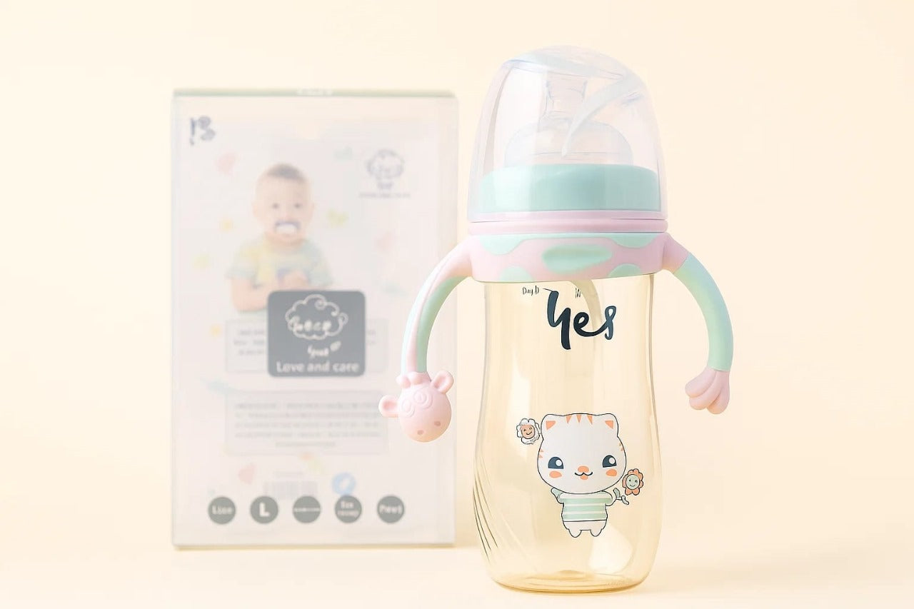 Baby Feeding Bottle with Handles & Cartoon Design – BPA-Free Anti-Colic Milk Bottle 300ml