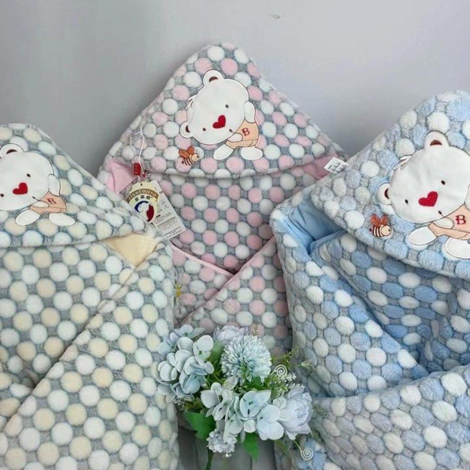 Polka Dot Bear Baby Blanket Wrap – Ultra-Soft Newborn Swaddle in Beige, Pink & Blue